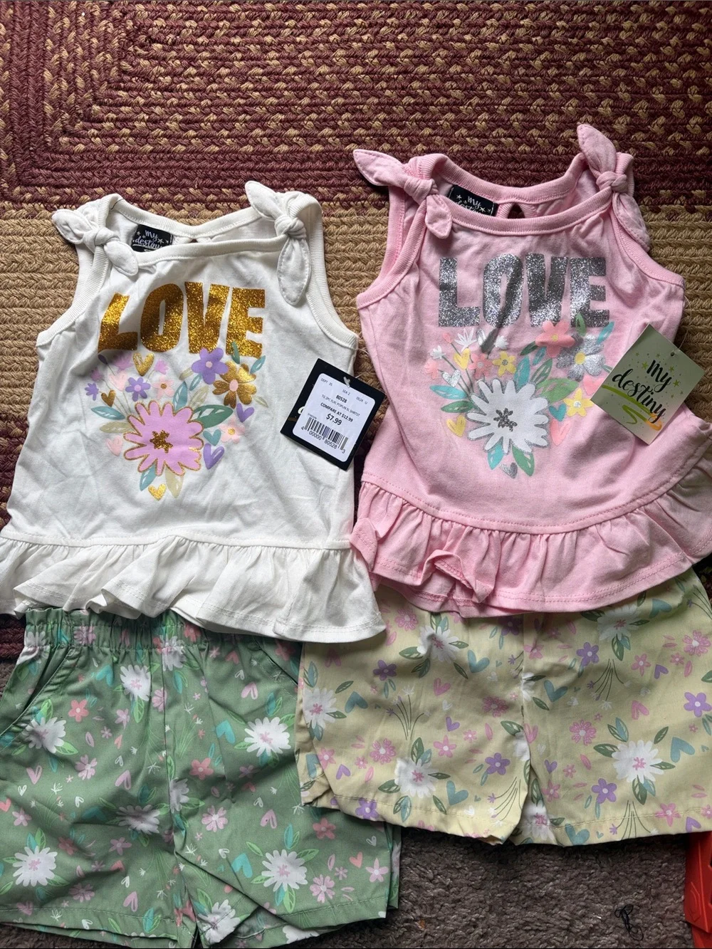 Girls' Pink & White 'LOVE' Floral Matching Tank and Short Sets